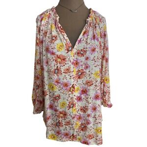 Floral Knit V-Neck Top cotton Medium smocked sleeve NWT peasant boho